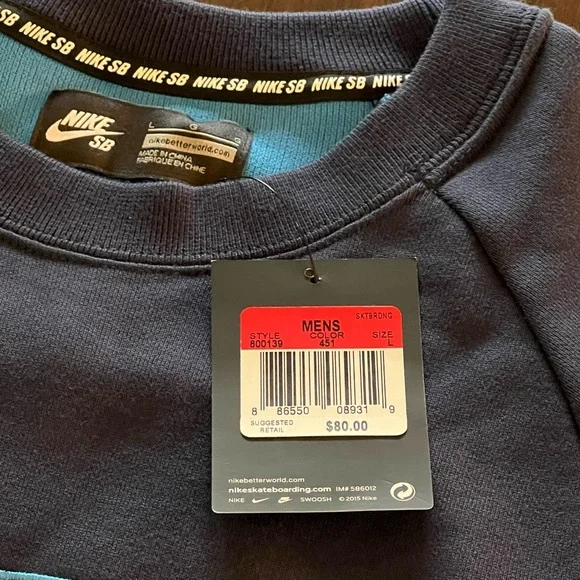 2015 NWT NIKE SB DRI-FIT SKATEBOARDING NAVY BLUE CREWNECK SWEATSHIRT MEN’S LARGE - Picture 7 of 11